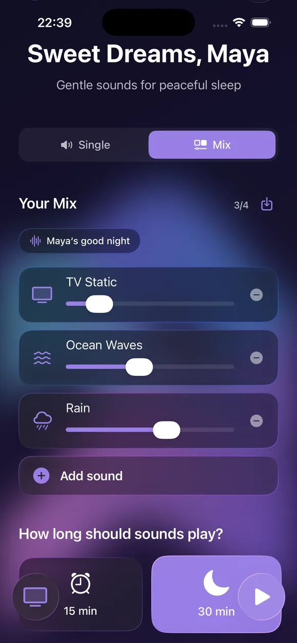 Dozy's Mix screen showing TV Static, Ocean Waves and Rain layered into a custom sleep mix.