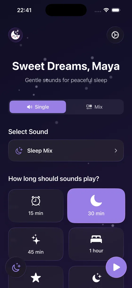 Dozy's main sleep screen, showing Sleep Mix selected with a 30 minute timer, set against a starlit purple background.