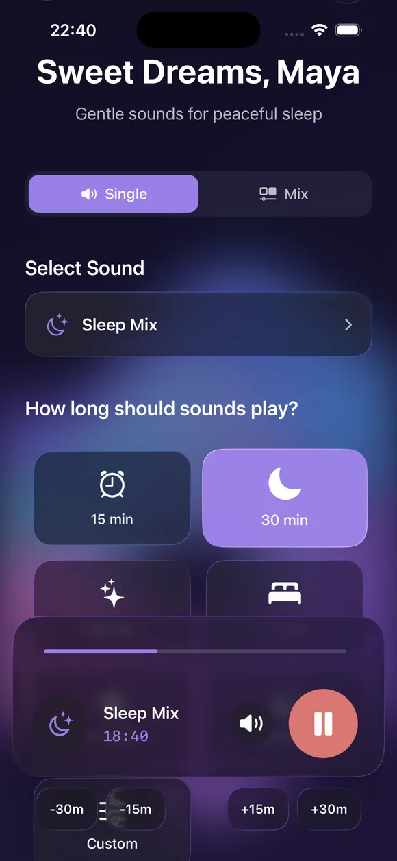 Dozy's playback view with Sleep Mix counting down 18 minutes and 40 seconds, with quick +15 and -15 minute controls.